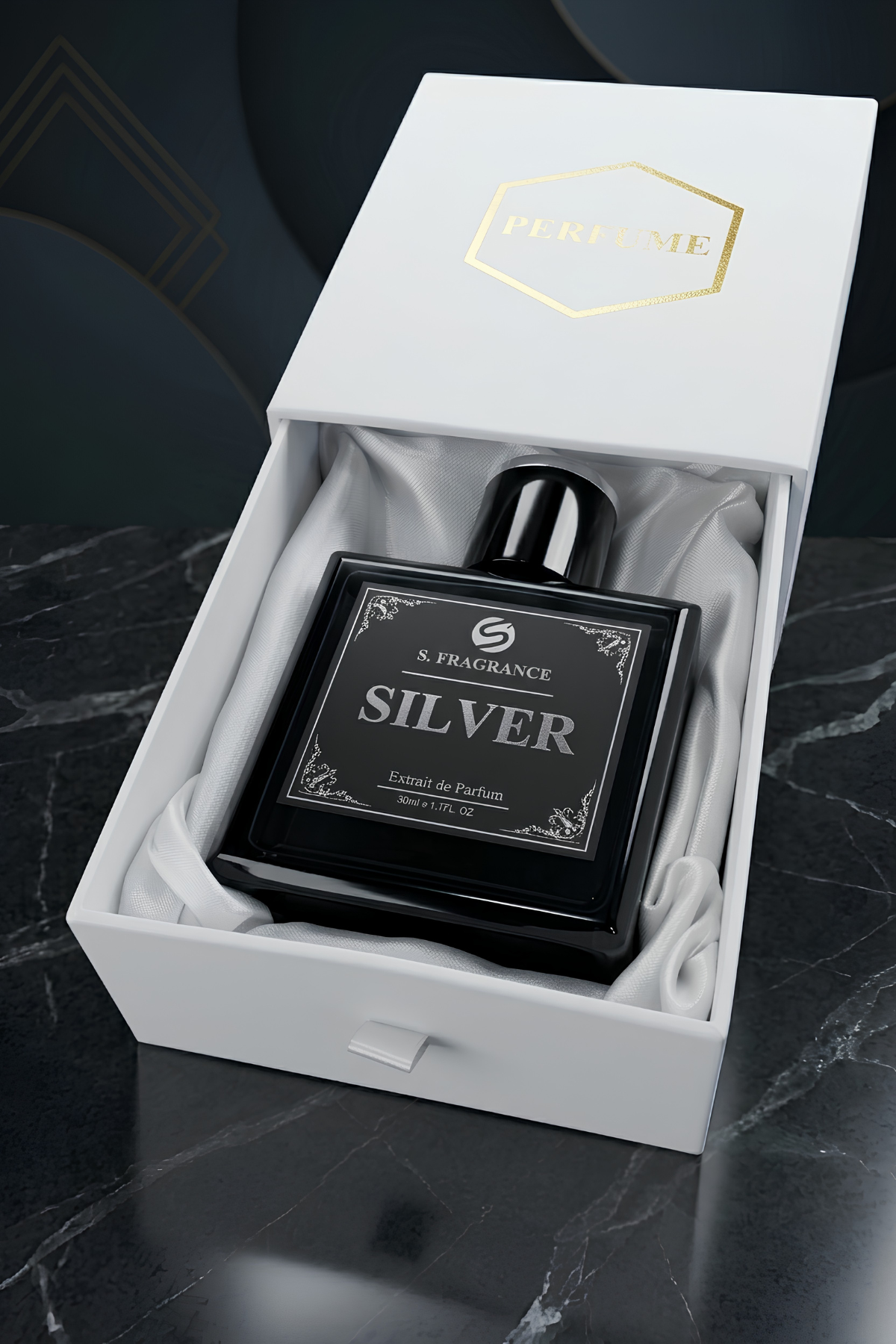 Silver perfume bottle placed inside white luxury packaging box by S. Fragrance