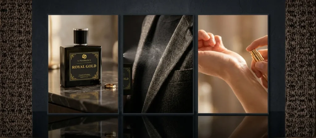 Luxury Perfume Application Technique Introduction S. Fragrance Royal Gold Bottle on Marble Vanity