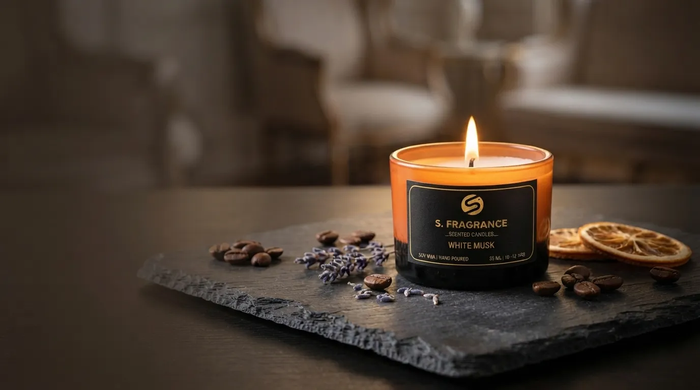 S. Fragrance White Musk luxury scented soy wax candle on a black slate tray with coffee beans and lavender