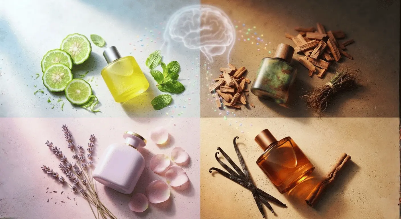An infographic flat-lay image illustrating Aromachology, showing citrus, woody, floral, and warm fragrance notes connected to brain activity.